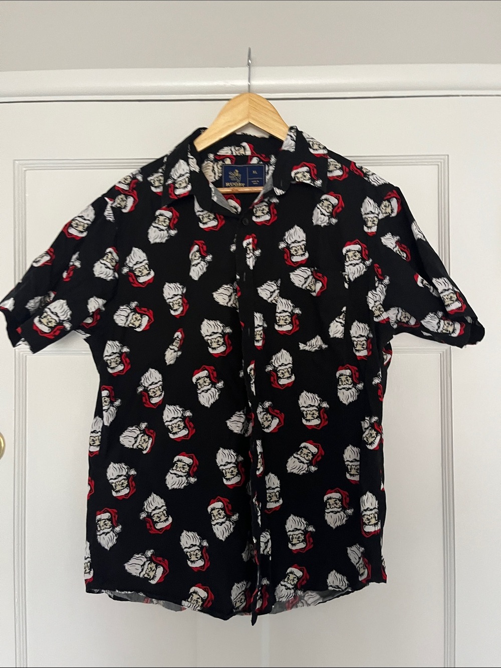 Black Short Sleeve Button-Down with Red & White Santa Print